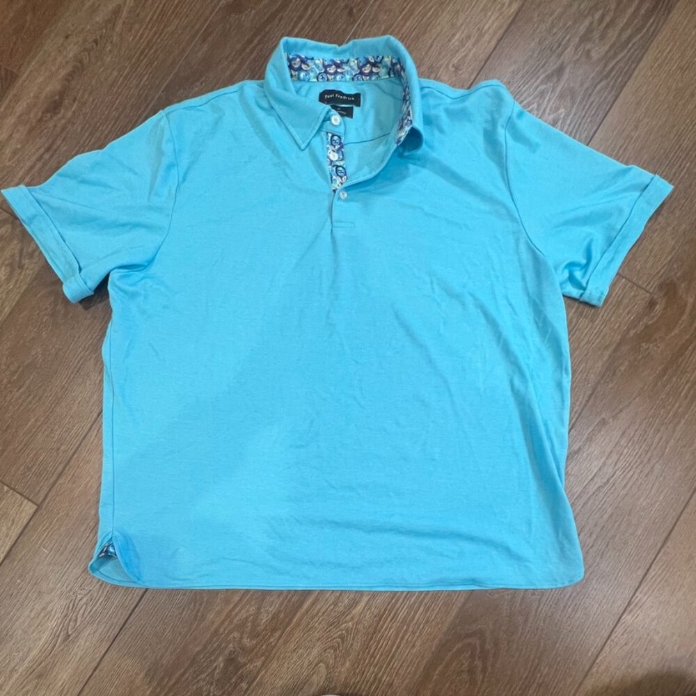 Paul Fredrick Men's Polo Shirt, Aqua Blue, accenting print, Size XL